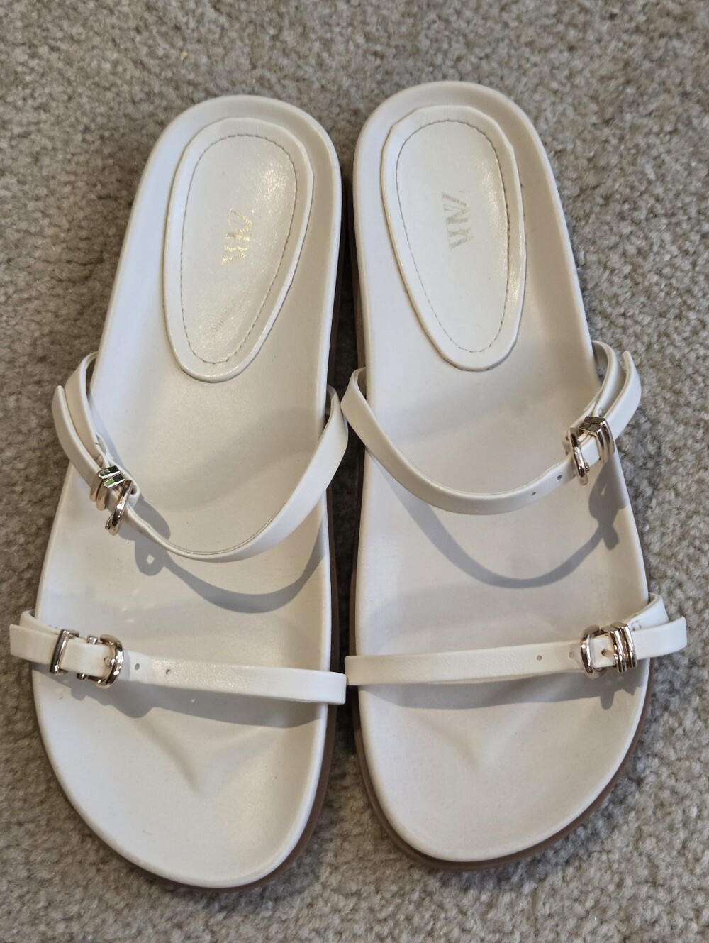 Zara White Slide Sandals with Gold Buckles